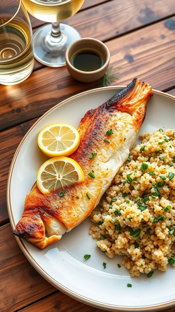 Pan-seared branzino fillet with herbed quinoa and lemon slices, garnished with fresh herbs on a rustic table.